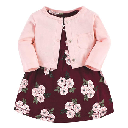 Hudson Baby Baby Girls' Cotton Dress and Cardigan Set, Burgundy Floral, 3T