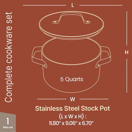 Cream 5 Quart Aluminum Stock Pot with Lid, Nonstick Ceramic Coated Boiling Pot, PTFE & PFAS Free, Oven Safe to 500�F, Riveted Stainless Steel Handles, Tempered Glass Lid, All Stove Compatible