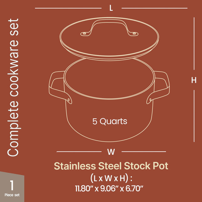 Marmite 5 pintes en aluminium de couleur crème avec couvercle, Pot de cuisson antiadhésif en céramique, Sans PTFE et PFAS, Résistant au four jusqu'à 260°C, Poignées rivetées en acier inoxydable, Couvercle en verre trempé, Compatible tous feux