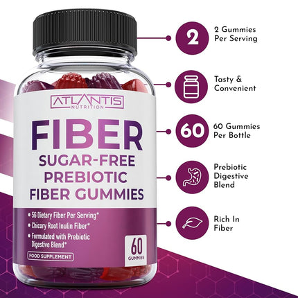 Gomitas de fibra prebiótica sin azúcar para adultos - Suplemento de fibra formulado con 5 g de fibra y 5,4 g de mezcla digestiva prebiótica. Favorece la salud intestinal y promueve una digestión saludable - Paquete de 2 (120 gomitas)