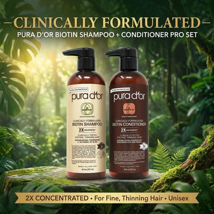 PURA D'OR Professional Grade Clinically Formulated Biotin Shampoo & Conditioner For Hair Thinning - 2X Concentrated DHT Blocker Thickening Products For Women & Men, Sulfate Free, 16oz x2