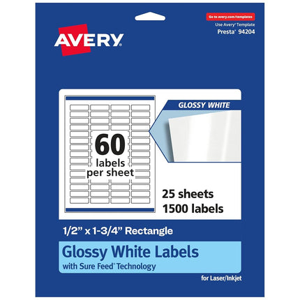 Avery Glossy White Rectangle Labels with Sure Feed, 5" x 1.75", 1,500 Glossy White Labels, Print-to-The-Edge, Permanent Label Adhesive, Laser/Inkjet Printable Labels