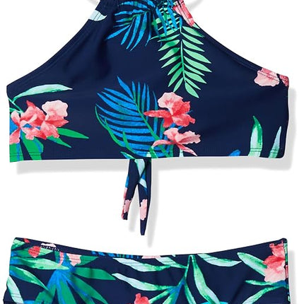 Kanu Surf Girls' Mahina UPF 50+ - Bikini de playa deportivo de 2 piezas con cuello halter, Leonie Floral Navy, 14