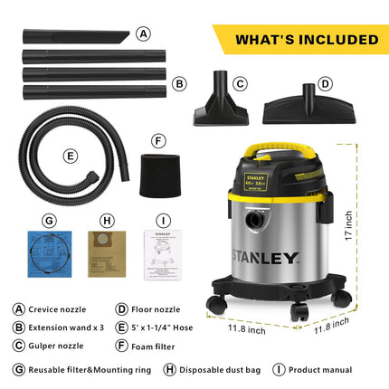 STANLEY Aspiradora húmeda/seca de 3 galones, potente motor de 4 HP de pico, aspiradora industrial multifuncional 3 en 1 portátil de acero inoxidable con soplador, Modelo: SL18136