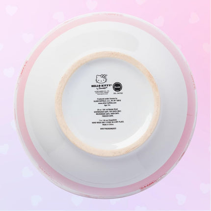 Silver Buffalo Hello Kitty Strawberry Drink Bottle Pink Stripe Ceramic Ramen Noodle Bowl with Chopsticks, Microwave Safe, 20 Ounces