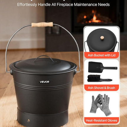 VEVOR Ash Bucket, 4 PCS with Lid, Shovel, Broom and Gloves, Metal Fireplace Charcoal Bucket and Ash Can, 9.8L Large Capacity for Fireplace, Fire Pits, Wood Burning Stoves, Indoor and Outdoor