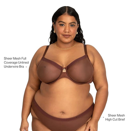 Curvy Couture Women's Sheer Mesh Full Coverage Unlined Underwire Bra, Chocolate, 42E