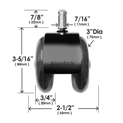 Monster 75mm Dual Rollerblade Office Chair Wheels (Set of 5) Slipstick Premium Rubber Castor Wheels for Chairs, Smooth & Safe Rolling on All Flooring