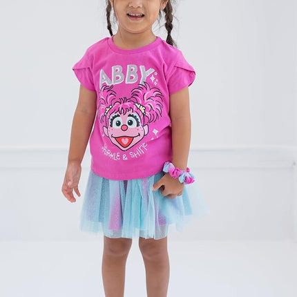 Sesame Street Elmo Abby Cadabby - Conjunto de 3 piezas de camiseta, falda de tul y coletero para bebés y niños pequeños, morado/azul, 3T