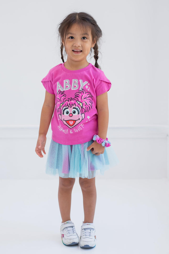 Sesame Street Elmo Abby Cadabby T-Shirt Tulle Skirt and Scrunchie 3 Piece Outfit Set Infant to Little Kid, Purple / Blue, 3T