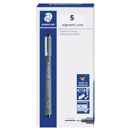 STAEDTLER Pigment Liner, bolígrafo de punta fina para dibujo, delineado, diario, 0.7mm, negro, caja de 5 bolígrafos, 308 07-9 04