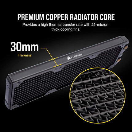 Radiador de refrigeración por agua Corsair Hydro X Series, XR5 de 360 mm (soportes triples para ventiladores de 120 mm, fácil instalación, construcción de cobre de primera calidad, poliuretano, guías integradas para tornillos de ventilador), negro