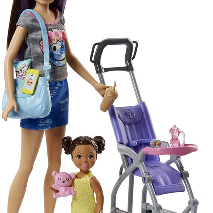 Barbie Skipper Babysitters Doll Playset, Brunette Skipper Doll with Brown Baby Doll, Baby Stroller and Doll Accessories, Toys for Ages 3 and Up, Two Dolls, FJB00