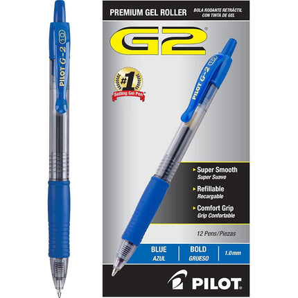 Pilot G2 Retractable Premium Gel Ink Roller Ball Pens, Bold Point, Blue Ink, Dozen Box -31257
