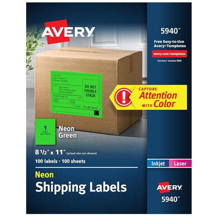 Etiquetas de envío de neón Avery para impresoras láser, 8-1/2" x 11", 100 etiquetas verdes (5940)