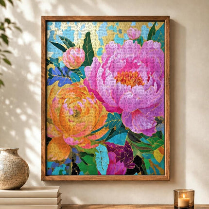 Golden Peony Dreams - Beautiful 1000-Piece Jigsaw Puzzle for Adults | Vibrant Mosaic-Inspired Artwork with Gold Leaf Details | Premium Quality & Eco-Friendly | Cross & Glory Masterpiece Collection