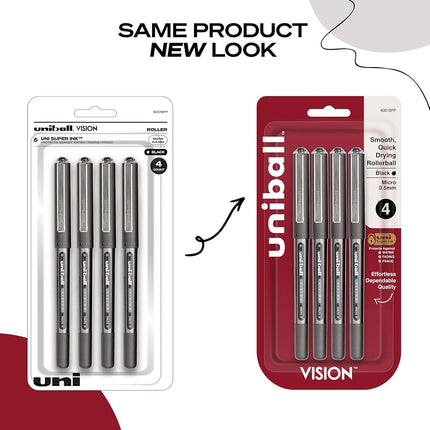 Uni-Ball Vision Rollerball Pens, Black, 4 Pack, 0.5mm Micro Point, Fine Point, Smooth Writing, Office Supplies