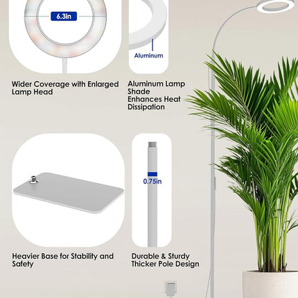 GLOWRIUM Grow Light with Stand,2-Head LED Plant Light for Indoor Plants, Full Spectrum Grow Lamp, 3/9/12H Timer, 6 Dimmable Levels, 3 Lighting Mode, Adjustable Height White 36W