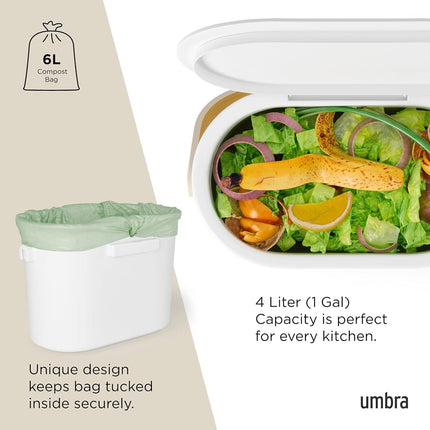 Umbra Bellwood Kitchen Compost Bin – White/Natural, Countertop or Cabinet Mounted, 4L Compost Container with Hidden Bag Retainer, BPA-Free & Dishwasher Safe| Bellwood Collection