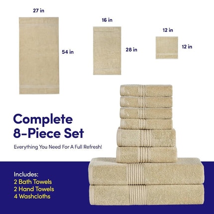 Serviettes de Bain Lot de 8 Serviettes – 100 % Coton Peigné – Bain + Mains + Gants de Toilette – Serviettes Douces et Absorbantes Certifiées Oeko-TEX avec Bords Doubles Cousus Durables pour Salle de Bain ou Spa d'Invités, Beige
