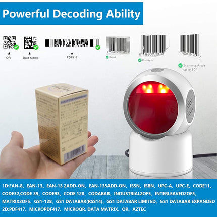 2D QR Barcode Scanner Omnidirectional Hands-Free USB Automatic Barcode Reader for Mobile Payment Computer Screen Scan