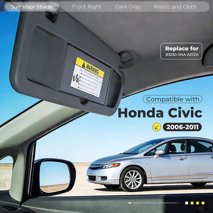 Parasol derecho del lado del pasajero ALMULOO compatible con Honda Civic 2006-2011, reemplaza 83230-SNA-A01ZA, gris oscuro