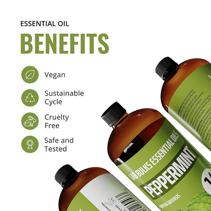 16oz Bulk Peppermint Essential Oil (GIANT 16 OUNCE BOTTLE - THERAPEUTIC GRADE PEPPERMINT OIL) Perfect For Aromatherapy Diffusers, Help Repel Mice & Rats, Candle Making, Soap Making, Lotions, Body Wash