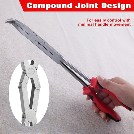 LEONTOOL Long Reach 90 Degree Bent Nose Pliers 13-Inch Dual Pivot Double Joint Serrated Jaw Angled Needle Nose Extra Extended for Narrow Spaces and Limited Areas