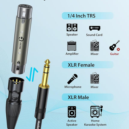AA AUDIO ACCESSORY XLR Male to 1/4 Cable with XLR Female to Female Adapter Bundle, Rean Connectors from Neutrik, Kevlar-Reinforced Nylon Braided TRS Cable, Balanced Quarter Inch Cord, 25ft, OFC