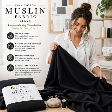 AK TRADING CO. MuslinBlack10yds Textile - Drape Fabric - Black 10 Yards Medium Weight - 100% Cotton (60") Wide Muslin Fabric, 10 Yards