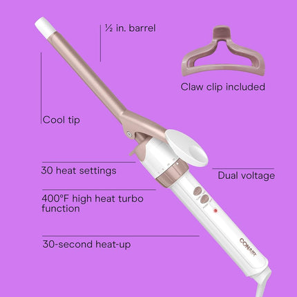 Conair Double Ceramic 1/2-Inch Curling Iron with Bonus Claw Clip, 0.5" Barrel Produces Spiral Curls – for use on Short to Medium Hair