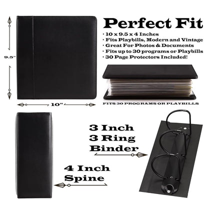 Broadway Play Program and Theater Playbill Binder with 30 Custom Sheet Protectors - PU Leather - Fits Playbills from Mid 1980s to Modern (Black Plain)