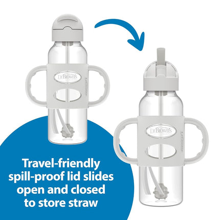 Dr. Brown's Milestones Narrow Sippy Straw Bottle, Spill-Proof with 100% Silicone Handles and Weighted Straw, 8 oz/250 mL, Gray & Blue, 6m+