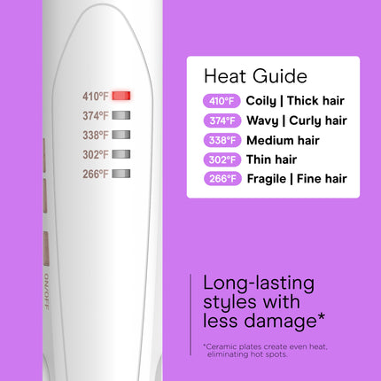 Plancha de Pelo Doble Cerámica de Conair, 2.5 cm, con Pinza, Cinco Ajustes de Temperatura, Plancha con Placas Flotantes Extra Largas, Blanco