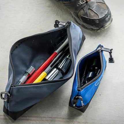 Klein Tools 55559 Stand-Up Zipper Bag Tool Pouch with Carabiners, 7-Inch Blue and 14-Inch Gray Utility Bags with Reinforced Bottom, 2-Pack