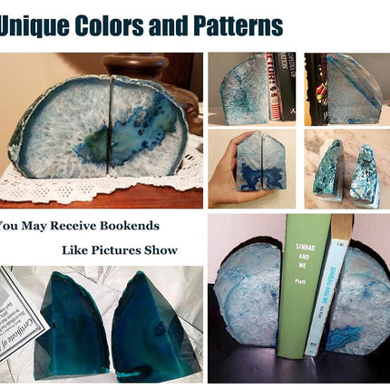 AMOYSTONE Decorative Bookends Agate Polished Art Book end Dyed Teal Small(1 Pairs, 2-3 LBS)