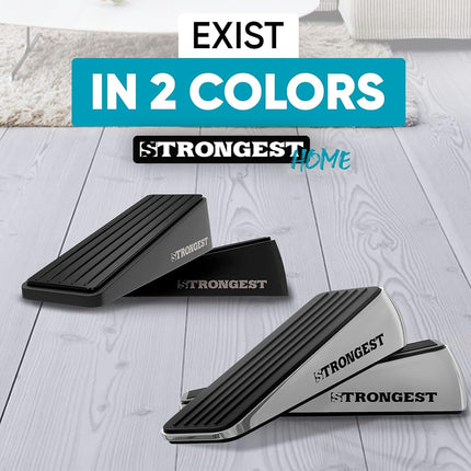 Strongest Home Door Stopper, Set of 4 Heavy Duty Door Stop Wedge Made of Premium Quality Zinc and Rubber Suits Any Door, Any Floor. Plus 2 Self Adhesive Wall Protectors (Black Silver)