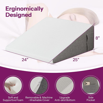 howhom Wedge Pillow with Foam Top for Sleeping,Reading and Rest, 8 Inch Elevated Support Triangle Bed Pillow for Legs and Back Support with Washable Cover
