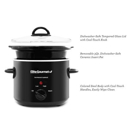 Mijoteuse ovale électrique Elite Gourmet MST-350B#, température réglable, pour entrées, sauces, ragoûts et trempettes, couvercle en verre et pot en céramique lavables au lave-vaisselle (3 pintes, noir)