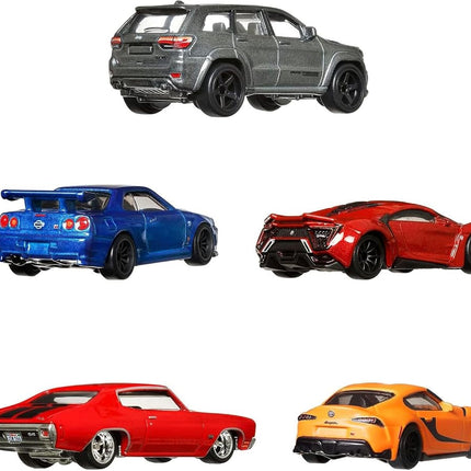 Hot Wheels FAST AND FURIOUS Die Cast PREMIUM COLLECTION BOX Set 5 Car Model - Toyota Supra Chevelle SS Lykan Hypersport Jeep Grand Cherokee Nissan Skyline - Scale 1:64 - length 6cm - HJC15