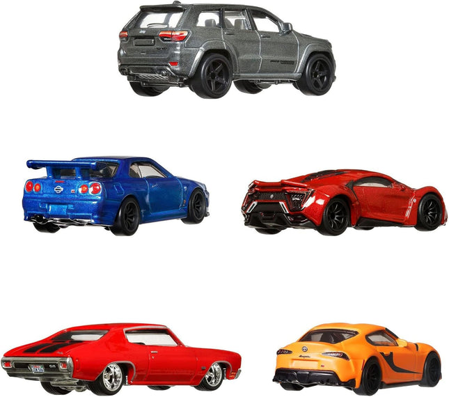 Hot Wheels FAST AND FURIOUS Die Cast PREMIUM COLLECTION BOX Set 5 Car Model - Toyota Supra Chevelle SS Lykan Hypersport Jeep Grand Cherokee Nissan Skyline - Escala 1:64 - largo 6cm - HJC15