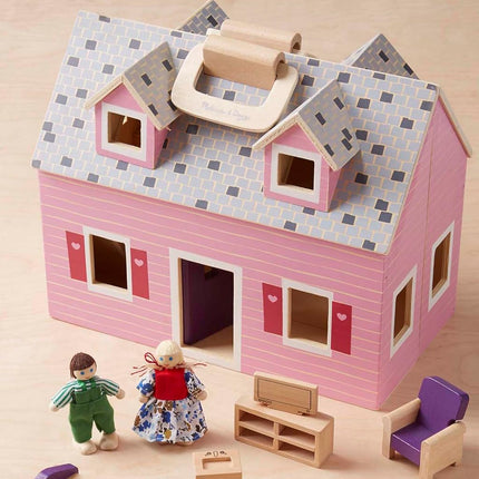 Melissa & Doug Fold and Go Wooden Dollhouse With 2 Dolls and Wooden Furniture Portable Small Dollhouse for Kids Ages 3+