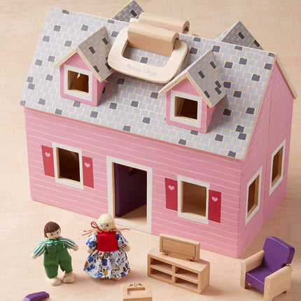 Melissa & Doug Casa de muñecas de madera plegable con 2 muñecas y muebles de madera, casa de muñecas pequeña portátil para niños a partir de 3 años