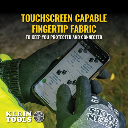 KLEIN TOOLS 60839 Winter Work Gloves, Knit Dipped ANSI A4 Cut Resistant Gloves, Sandy Latex Coated, Fleece-Lined, Touchscreen Capable, Large