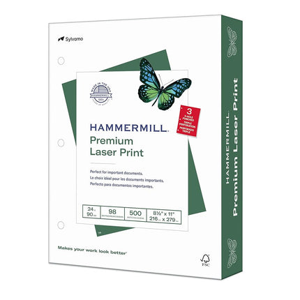 Hammermill NEW - Laser Print Office Paper, 3-Hole Punch, 98 Brightness, 24lb, Ltr, White, 500/Rm - 107681