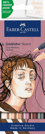 Faber-Castell Goldfaber Sketch Marker Portrait 164812 Pack of 6 Alcohol Markers with Brush Tip and Fineliner Tip