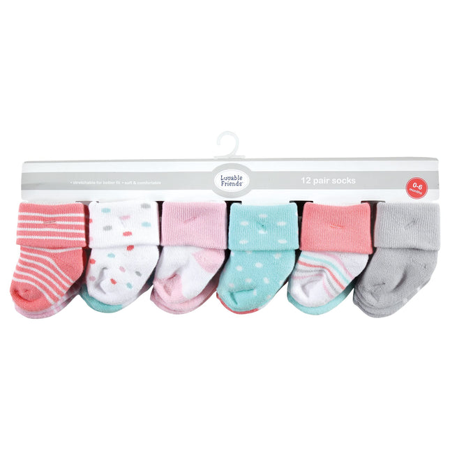 Luvable Friends Baby Girls Unisex Newborn Terry Socks, Coral Dots, 6-12 Months, (Pack of 12)