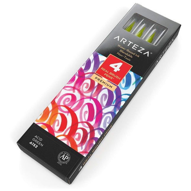 Arteza Real Brush Pens, A152 Acid Green, Pack of 4, Watercolor Pens with Nylon Brush Tips, Art Supplies for Dry-Brush Painting, Sketching, Coloring & Calligraphy