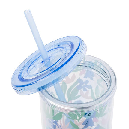 Gobelet haut en plastique Silver Buffalo Disney Lilo et Stitch à motif floral et feuilles avec couvercle et paille, 591 ml