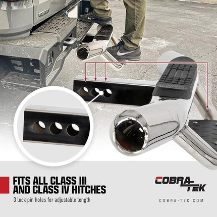 Cobra-Tek Marchepied d'attelage poli haut de gamme à rabattre, compatible avec les récepteurs d'attelage de classe III et de classe IV de 2 pouces, avec goupille d'attelage et stabilisateur d'attelage